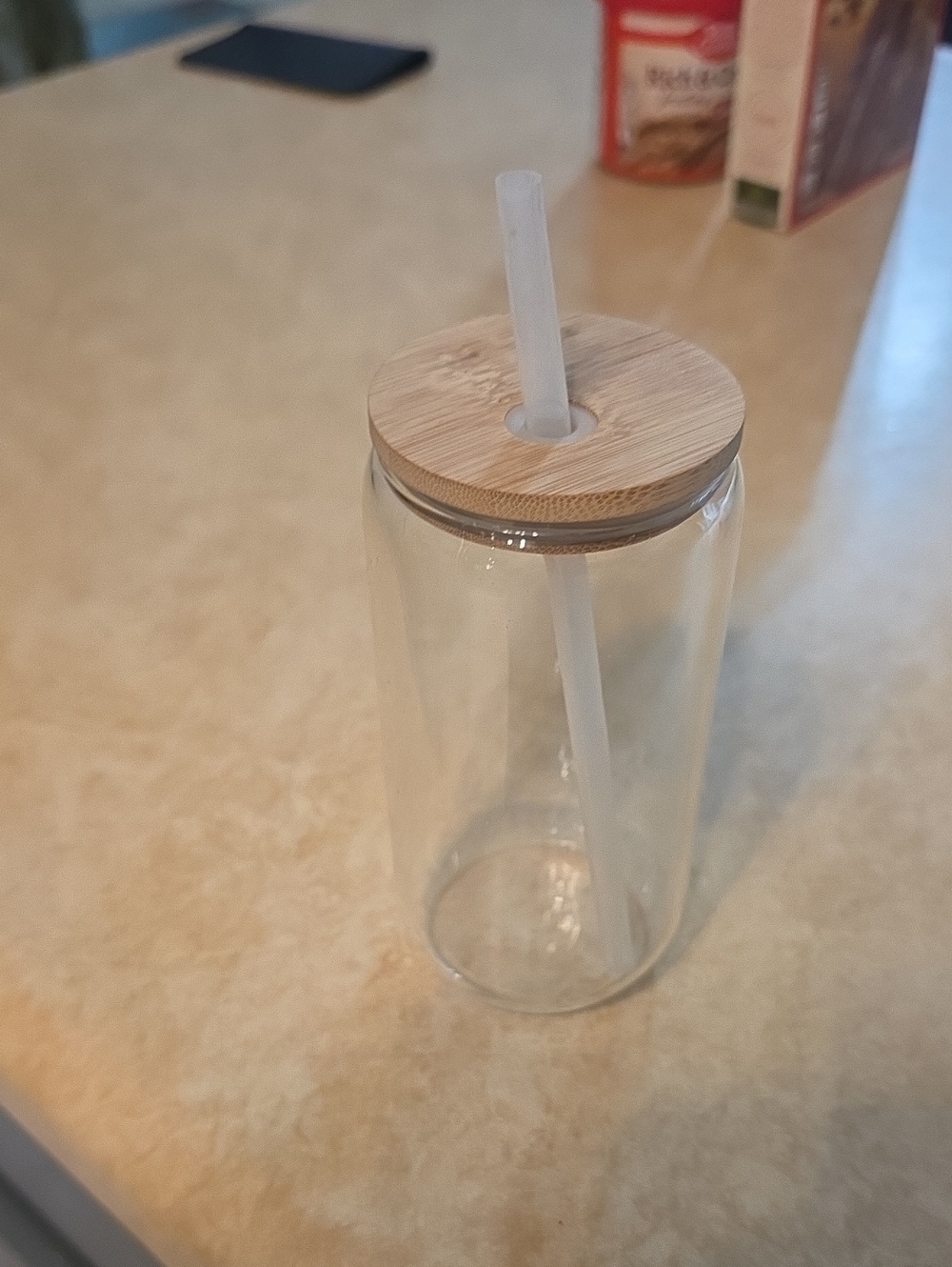 Clear Glass Drink Jar with Bamboo Lid and White Straw